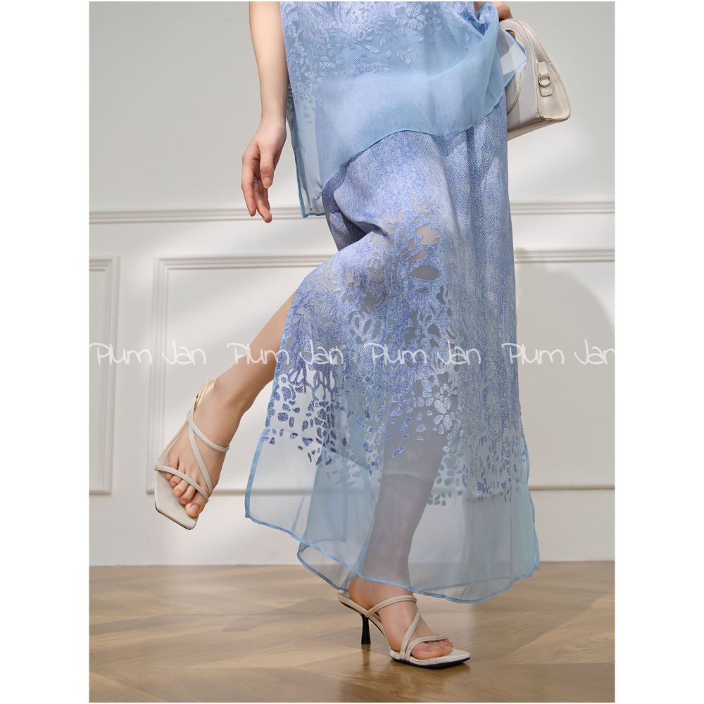 PlumJan New Chinese Embroidered Vest Set Blue Mesh Splicing Summer Women s Two piece Set image 3