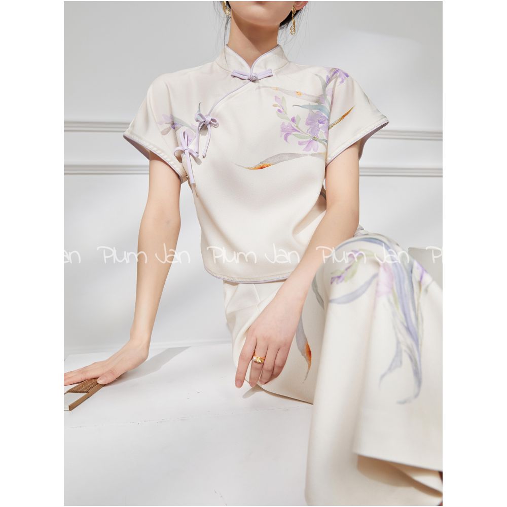 Plum Jan New Chinese style suit Chinese style women s summer style this year popular beautiful modified cheongsam skirt two piece suit image 1