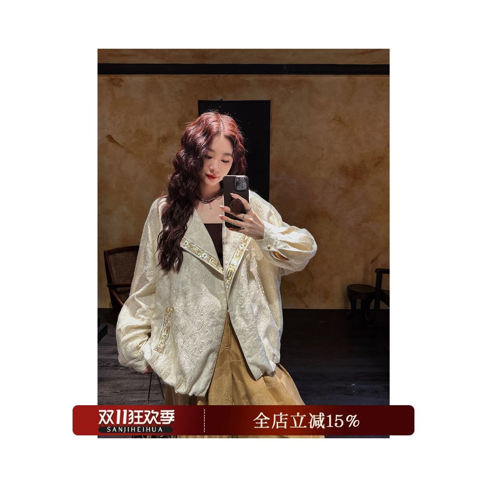 Sanji Black Flower Nianqingci New Chinese style woven gold wire baseball jacket national style early autumn jacket female unique and beautiful image 1