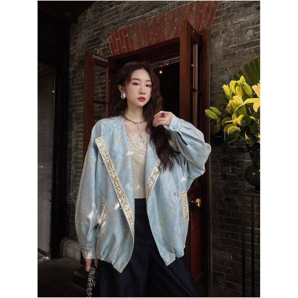 Sanji Black Flower Nianqingci New Chinese style woven gold wire baseball jacket national style early autumn jacket female unique and beautiful image 8