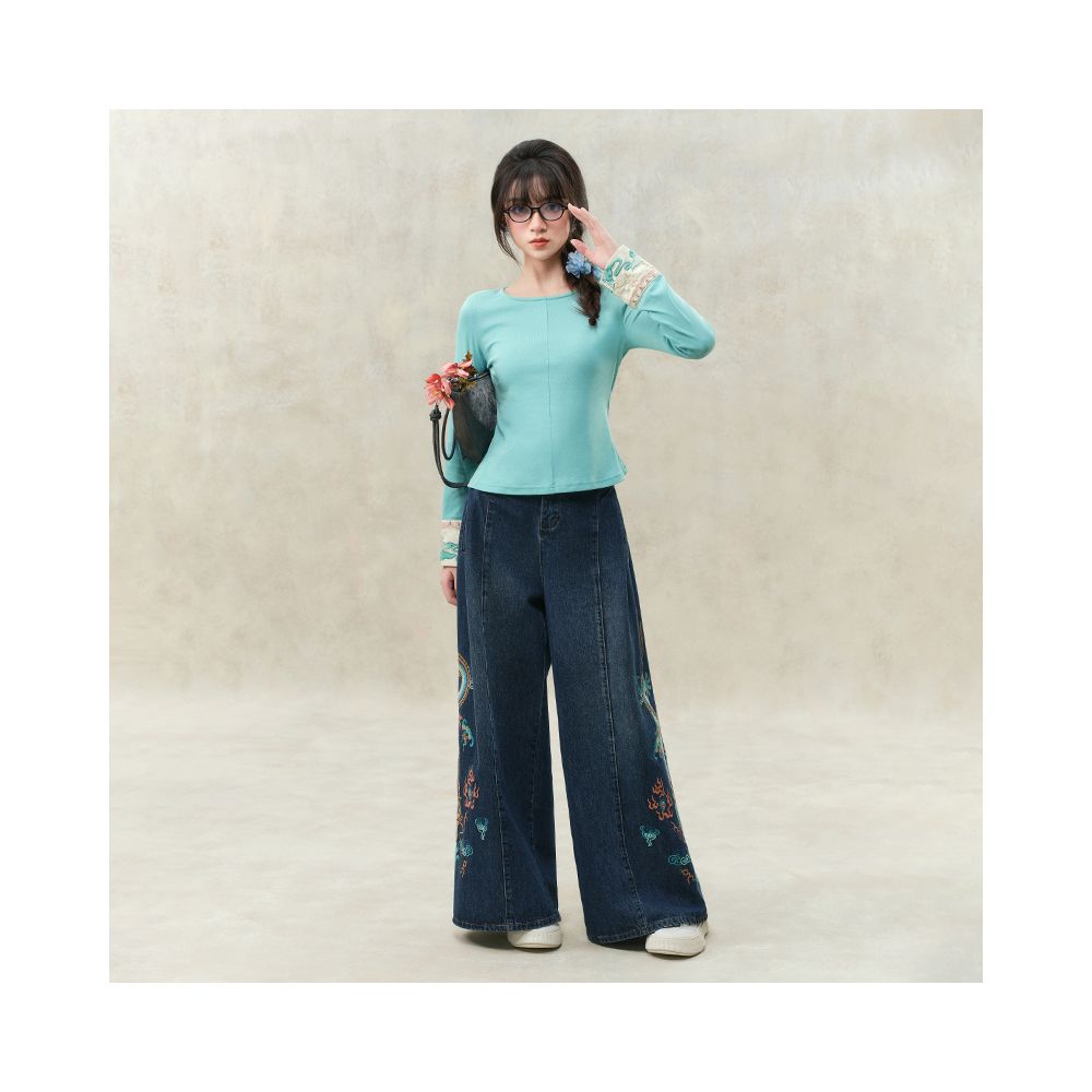 Su Luo original Dragon Qi Spring Comes spring new national trend wide leg trousers heavy embroidery loose jeans image 4