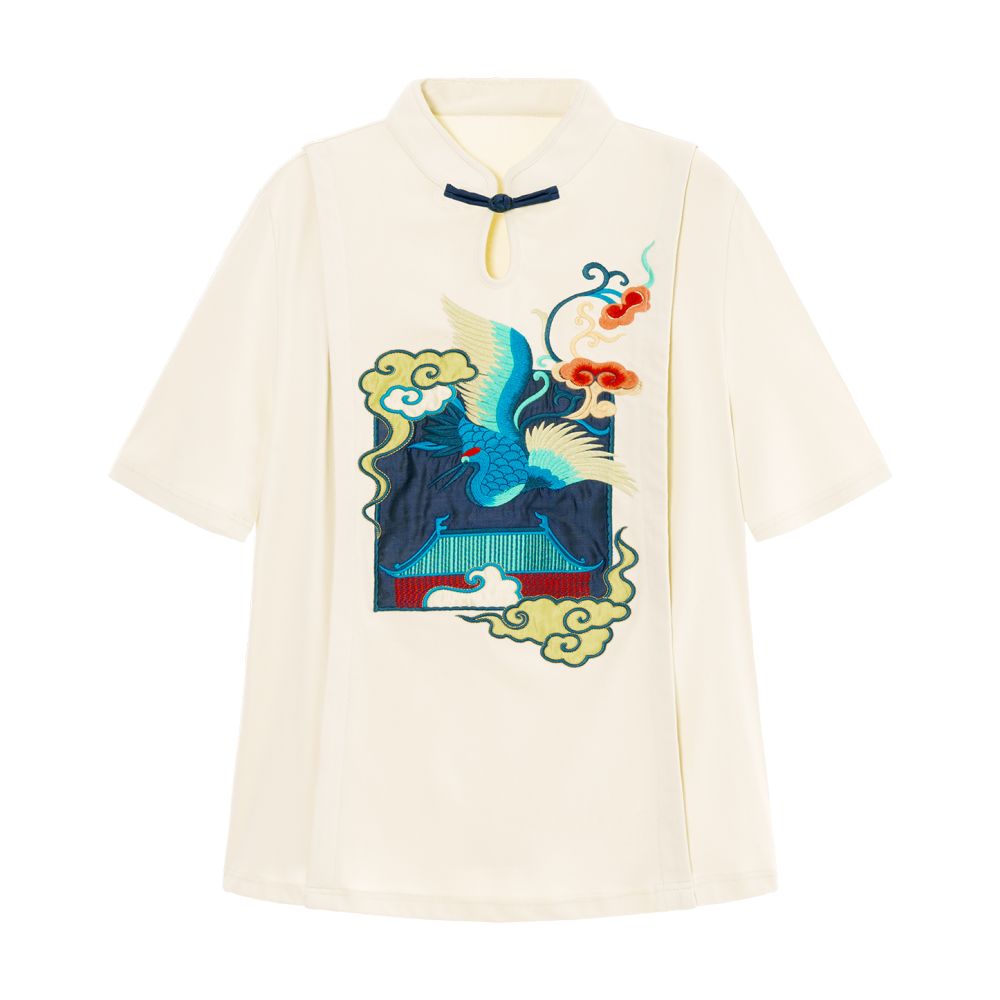 Su Luo s original Auspicious Crane Painting Cranes Dancing in the Golden Palace Xia Xin Chinese style buttoned stand up collar top with Chinese style embroidery T shirt image 9