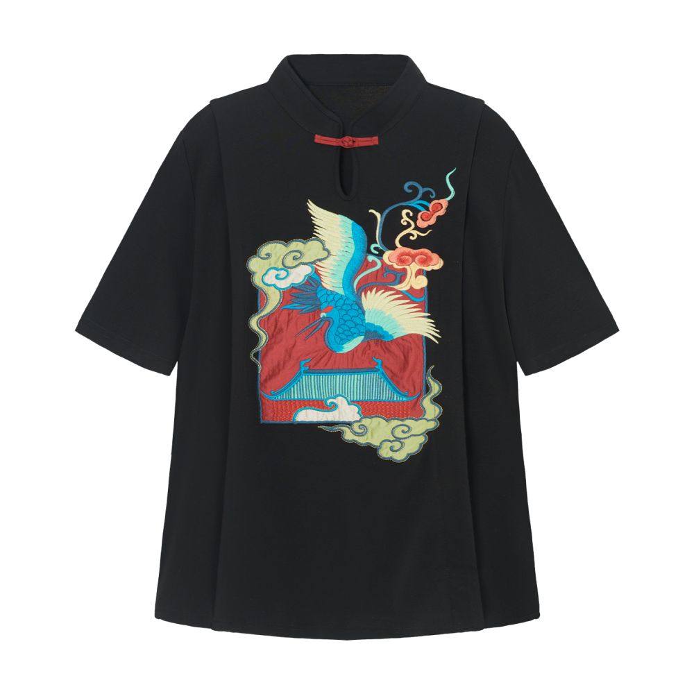 Su Luo s original Auspicious Crane Painting Cranes Dancing in the Golden Palace Xia Xin Chinese style buttoned stand up collar top with Chinese style embroidery T shirt image 11