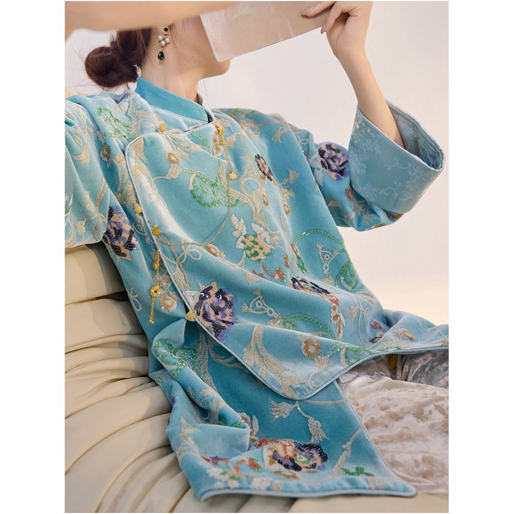 Tangdou Couture Flower Blue New Chinese Style Sequin Embroidery Old Money Style High end Tops and Jackets for Women image 3