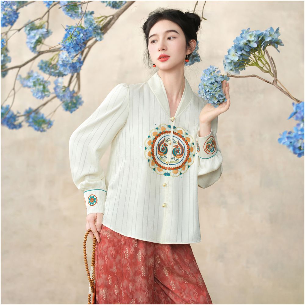 Su Luo Original Dreaming of the Silk Road Rainbow Jade Autumn New Vertical Striped Satin Chinese Style Embroidered Shirt image 1