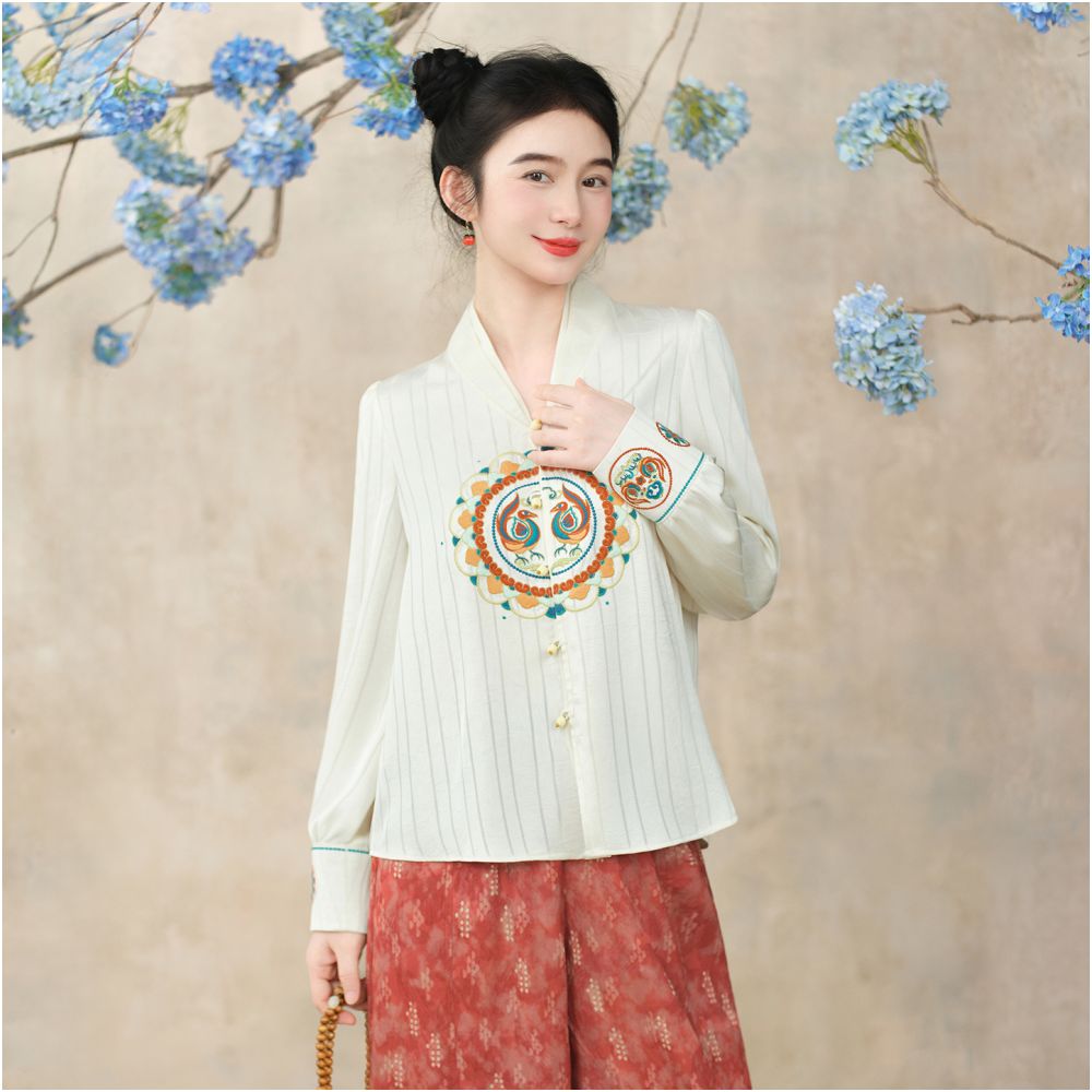 Su Luo Original Dreaming of the Silk Road Rainbow Jade Autumn New Vertical Striped Satin Chinese Style Embroidered Shirt image 3