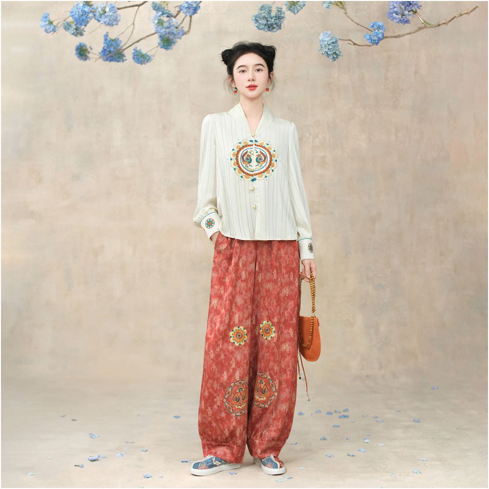 Su Luo Original Dreaming of the Silk Road Rainbow Jade Autumn New Vertical Striped Satin Chinese Style Embroidered Shirt image 4