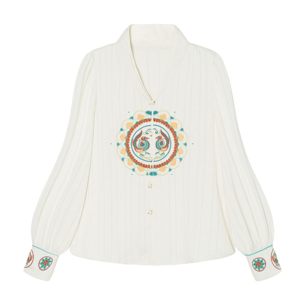 Su Luo Original Dreaming of the Silk Road Rainbow Jade Autumn New Vertical Striped Satin Chinese Style Embroidered Shirt image 6