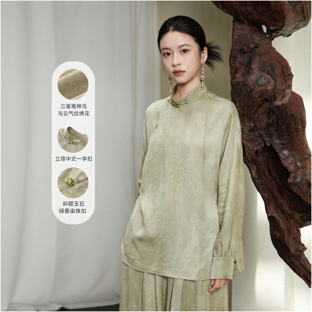 Anytime Guanyun Stir dye process New Chinese style stand up collar slant lapel jacquard cool temperament shirt for women image 0