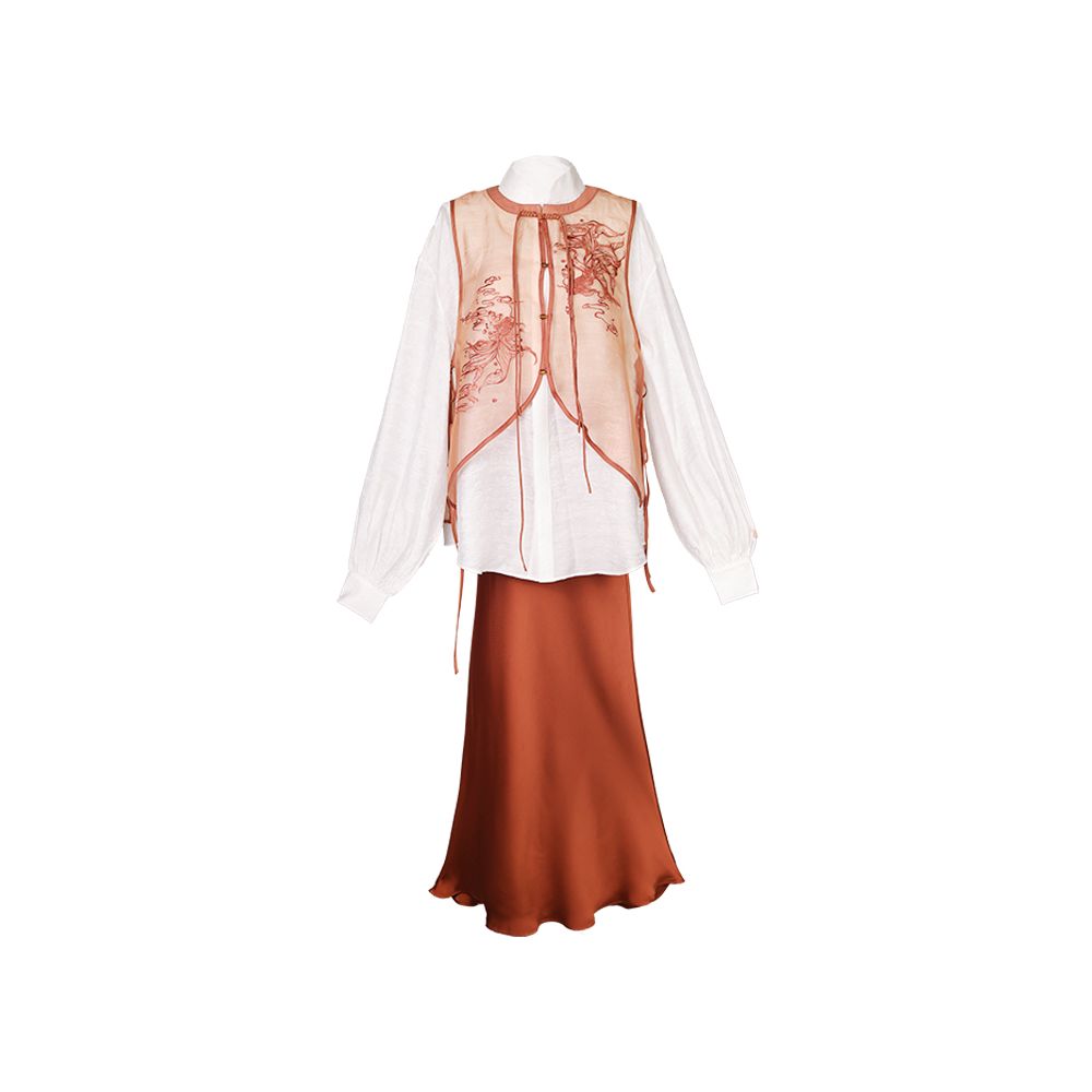 Dream Dream Carp National Style Original Innovation Chinese Embroidery Chinese Style Vest Stand up Collar Shirt Orange Red Slant Cut Fish Tail Skirt Autumn image 19