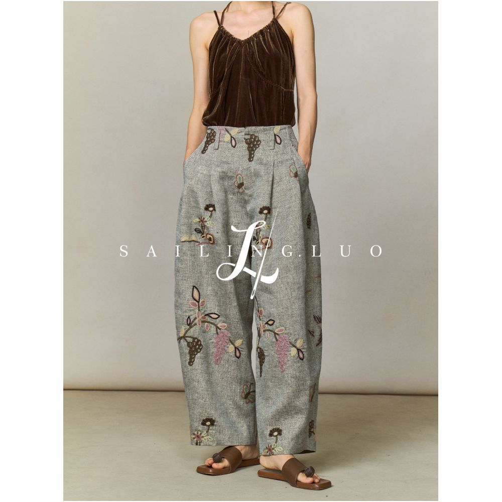SailingLUO 25 Autumn Collection New Linen Heavy Industry Embroidered Short Coat Chinese Style Nine Fen Banana Pants Set image 6
