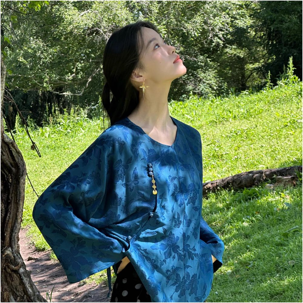 Ti Ti Yu Waist Slave Silk Blended Dark Pattern Jacquard Blue Butterfly Chinese style Top Chinese Style Style Small Shirt image 1