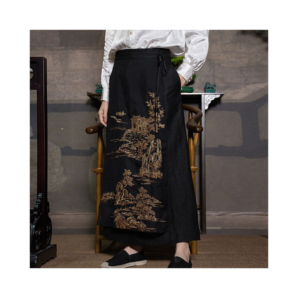 Yuanzhen new Chinese style retro embroidered black horse face skirt set 2024 new women s spring and summer half skirt image 0
