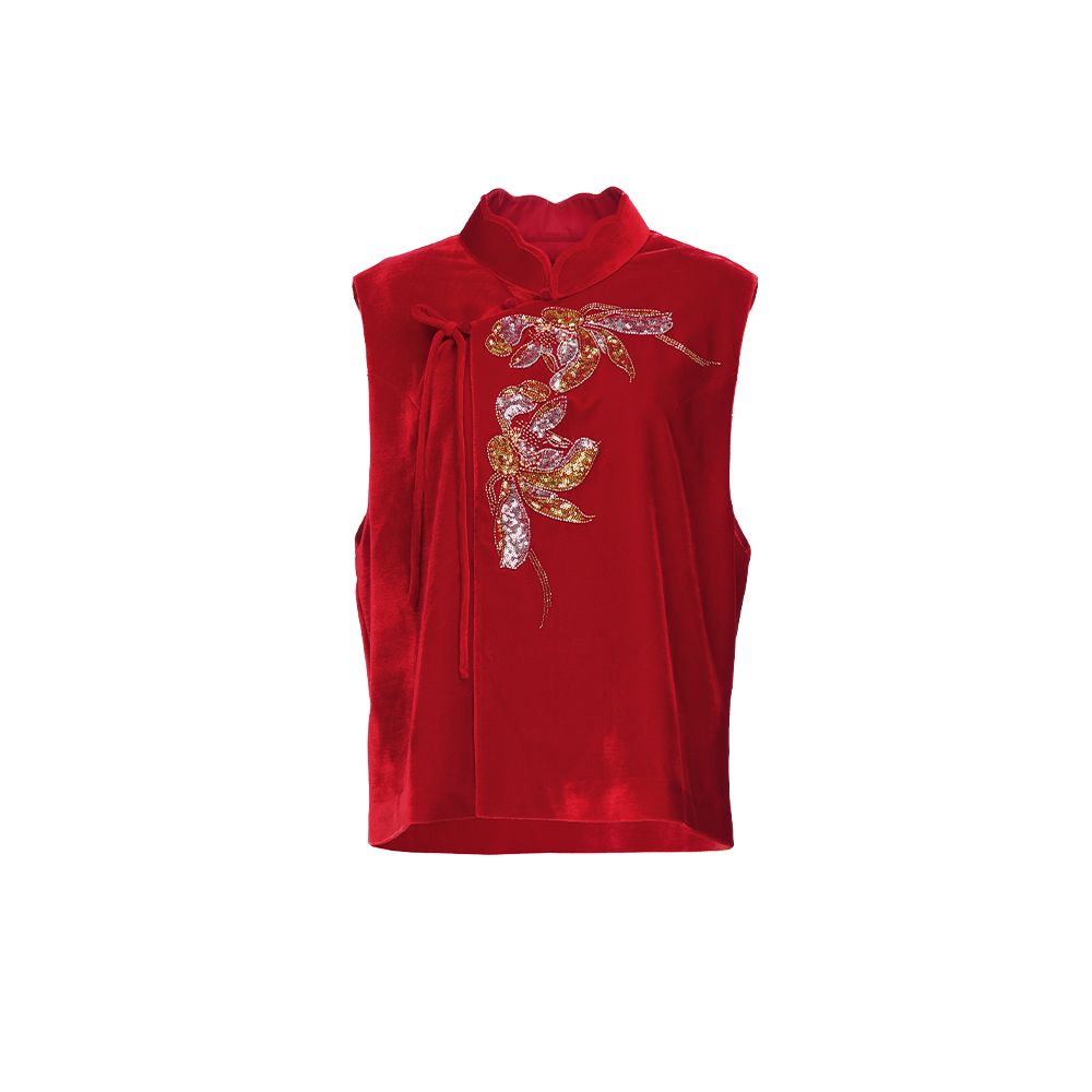 Hua Mu Shen Xin Chinese Embroidered Vest Women s New Style Glossy Velvet Vest Shoulder Chinese Style Standing Collar Red Clip image 9