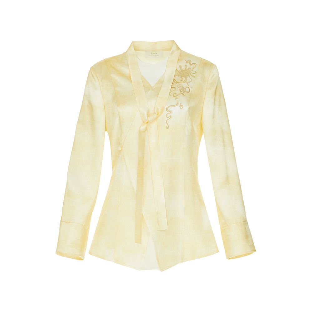 Huamu dark acetate shirt jacket women s long sleeves new style light Chinese style embroidered top waist tie new Chinese style shirt image 6