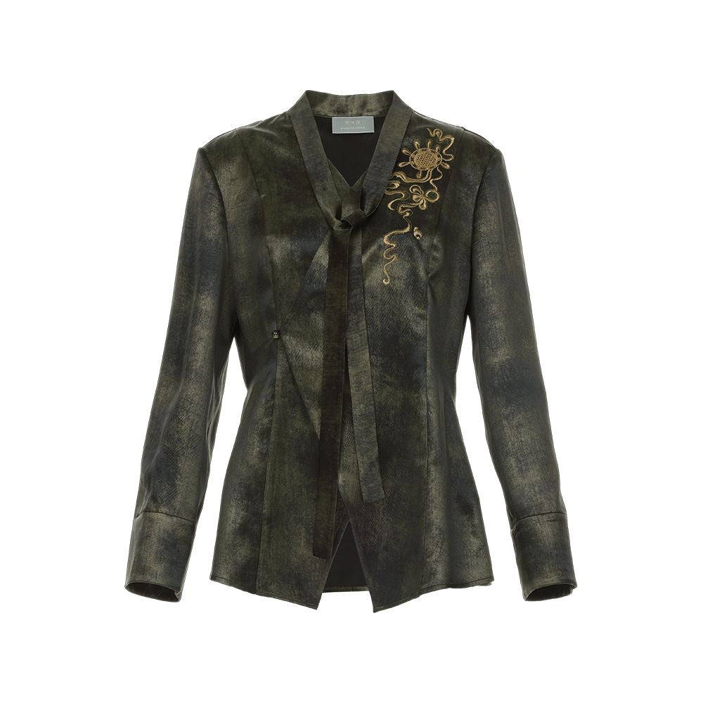 Huamu dark acetate shirt jacket women s long sleeves new style light Chinese style embroidered top waist tie new Chinese style shirt image 9