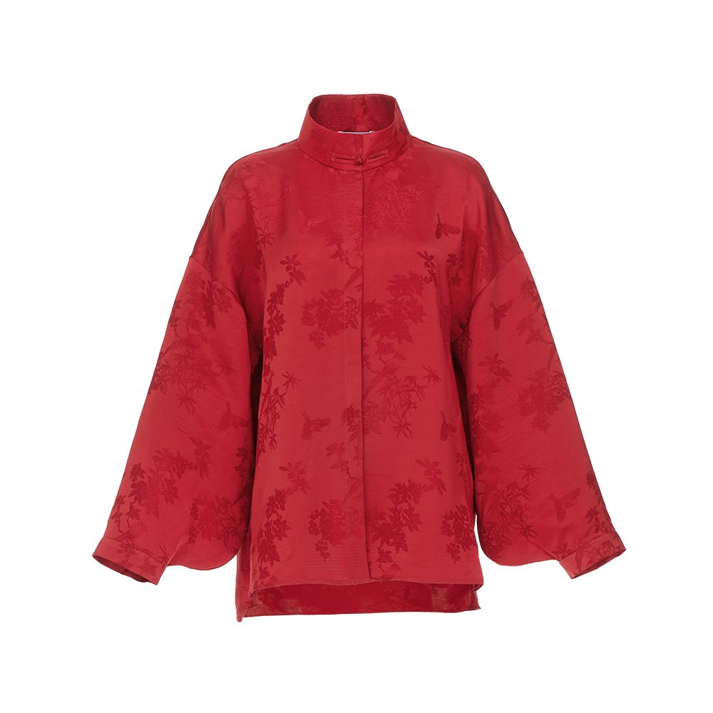 Flower and Tree Deep Red Stand up Collar Shirt Coat Women s New Style Plate Buckle Jacquard New Chinese Style Top Chinese Style Pipa Sleeve Shirt image 6