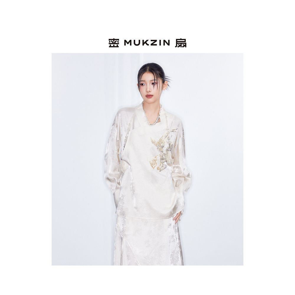 Mi Fan 2025 Spring Collection New Spring Song Sequence Series New Chinese Retro Shirt Chinese Style Rice White Slant Front Shirt Women s image 1