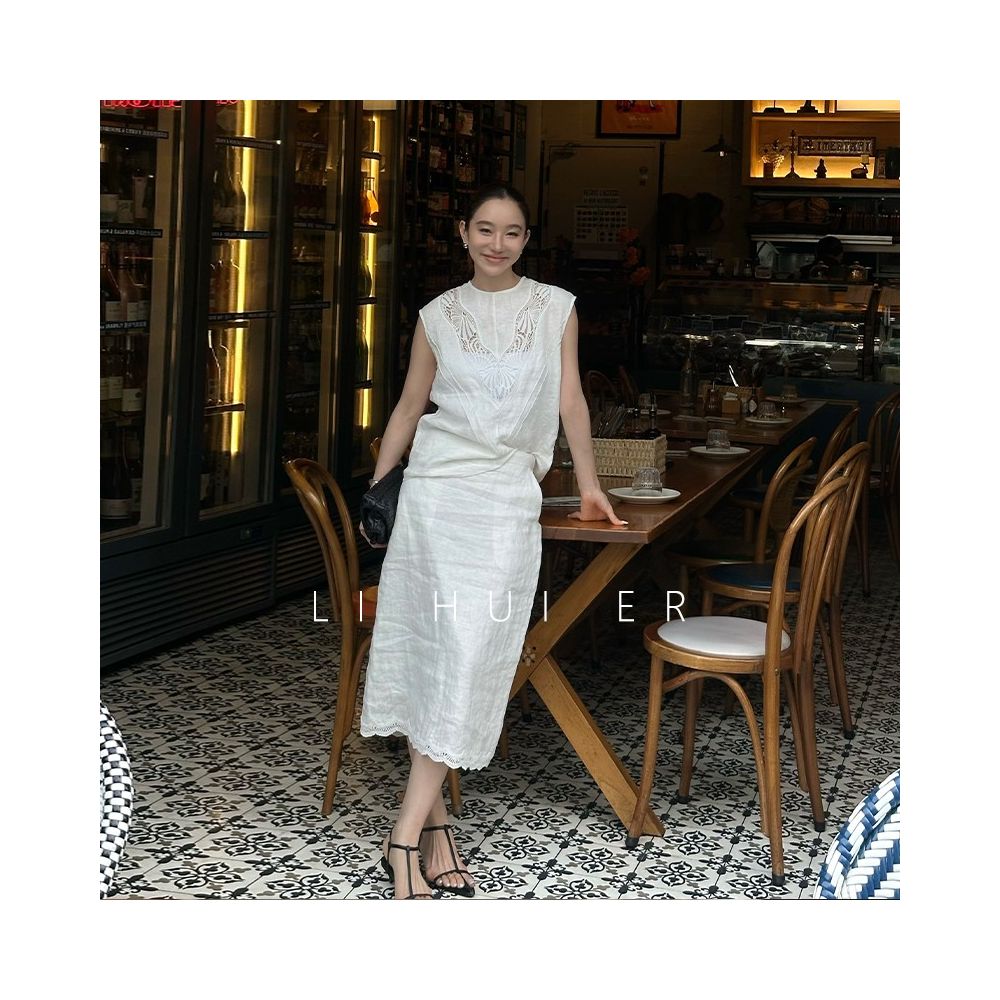 Li Hui Er Summer Sleep Elegant Casual Sleeveless Top Hollow Design Vest Linen Shirt image 6