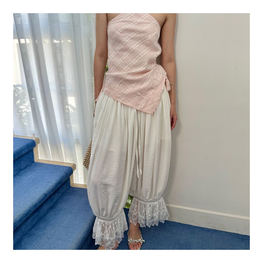 Fifth French design casual pants for women summer loose fit lace patchwork pleated cropped pants strolling lantern pants image 2