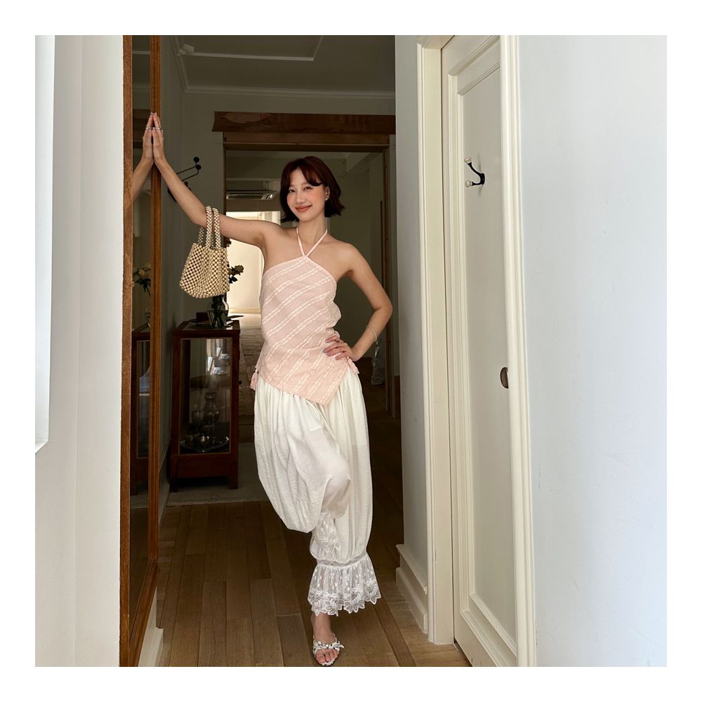 Fifth French design casual pants for women summer loose fit lace patchwork pleated cropped pants strolling lantern pants image 3