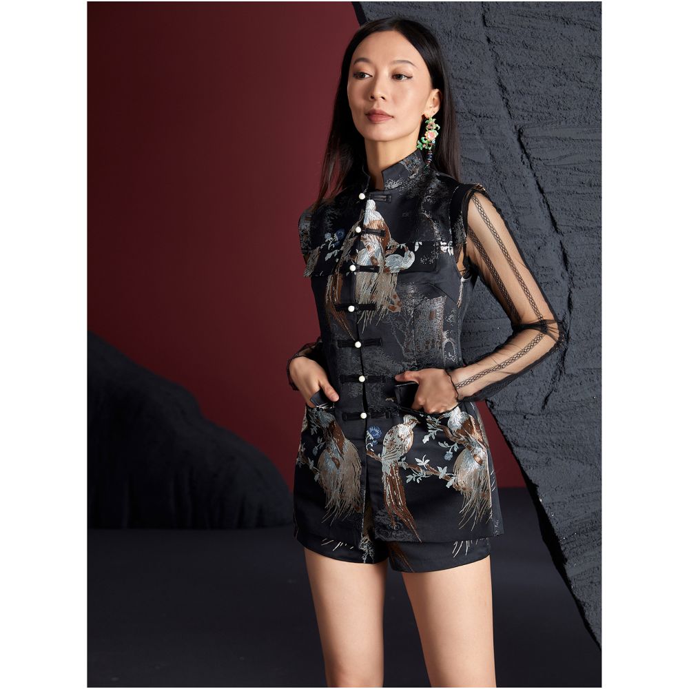 Fulang Original Women s Wear New Chinese Yapi Fan Vintage China Chic Tang Costume Panbuckle Slim Fit Vest Shorts Set image 8