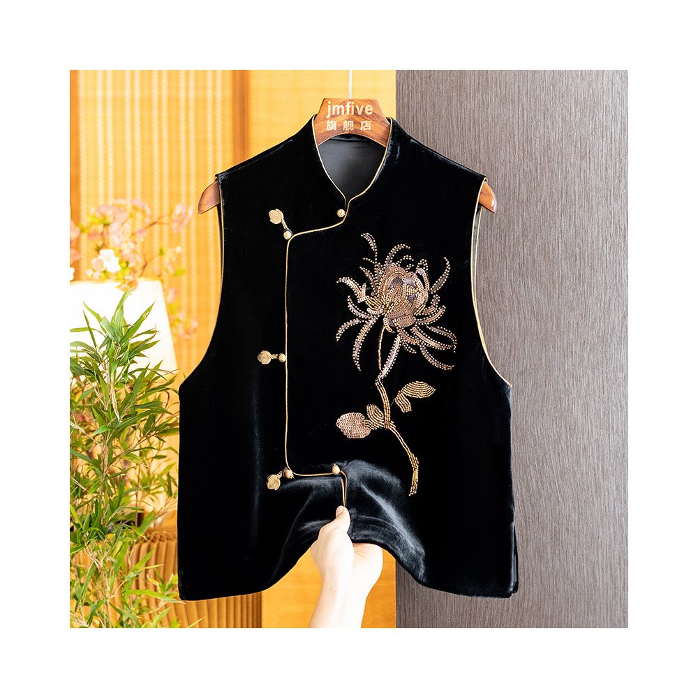 Western style pearl silk velvet vest for women in autumn 2025 improved buckle new Chinese Tang style top for women image 3