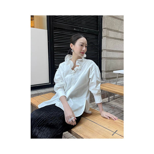 ASAYA5084 – Ruffle Collar Satin Shirt 🤍☕