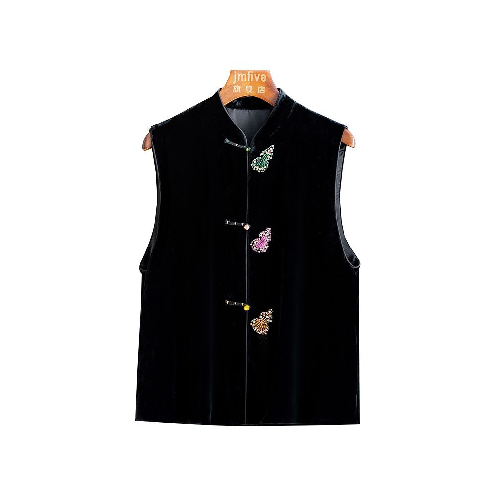 New Chinese style silk velvet simple and versatile pearl buckle vest for women in autumn 2025 black stand up collar and shoulder image 7