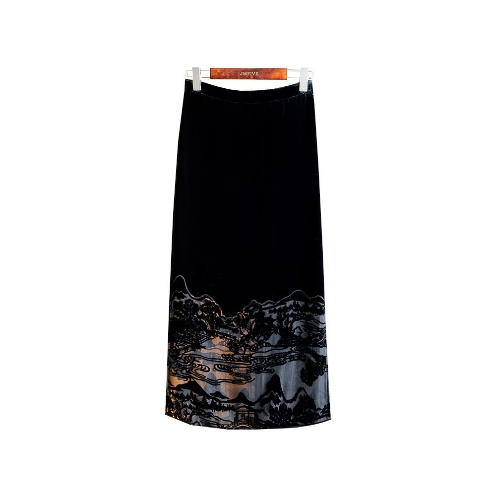 Black stylish elegant silk velvet midi skirt new autumn 2025 arrival high waisted long skirt image 9