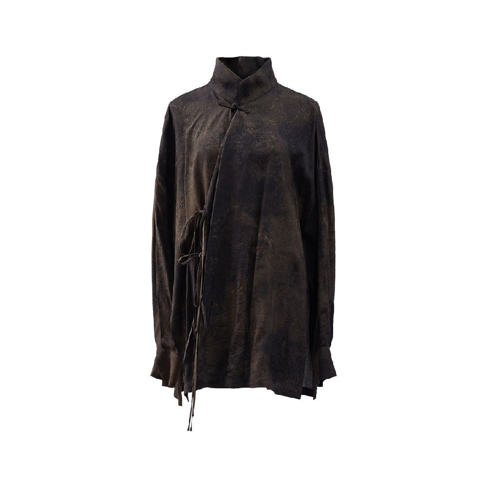 New Chinese style stand up collar rayon distressed jacquard loose fitting literary silhouette shirt for women versatile Zen inspired blouse image 6
