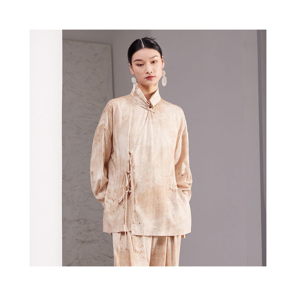 New Chinese style stand up collar rayon distressed jacquard loose fitting literary silhouette shirt for women versatile Zen inspired blouse image 7