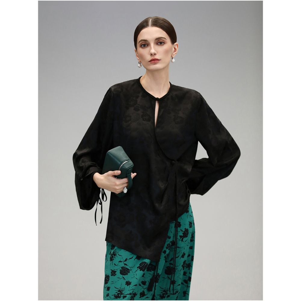 COCOBELLA New Chinese Dark Pattern Jacquard Satin Shirt with Side placket and Buckle Top SR3061B 3 image 7