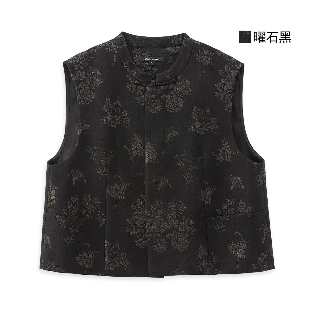 Little bug new Chinese bamboo shadow swaying cotton linen blend artistic heavyweight jacquard slant collar jacket vest skirt image 12