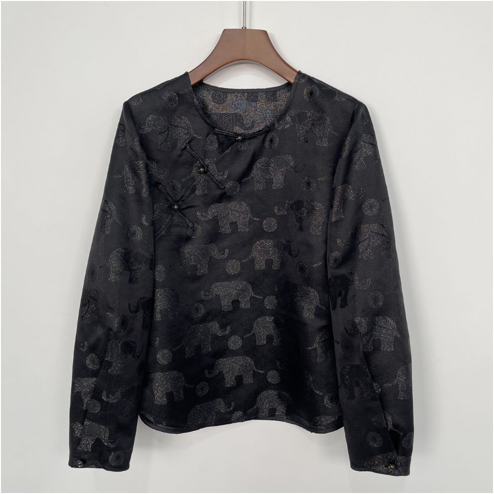 Colorful Blessing Elephant Pearl Mother of Pearl Rainbow Fine Sparkle Chinese Style Slant Collar Round Neck Shirt New Chinese Tang Style Autumn Women s Top image 0