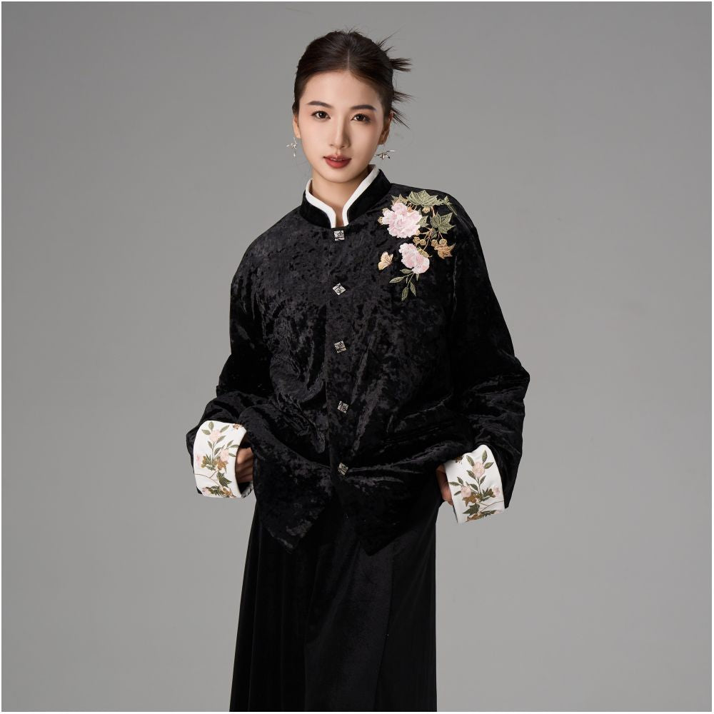 CNEW Chu Nian Er Wen New Chinese Style Peony Floral Embroidery Black Velvet Leather Collar Tang Suit Cotton padded Jacket for Men and Women image 2