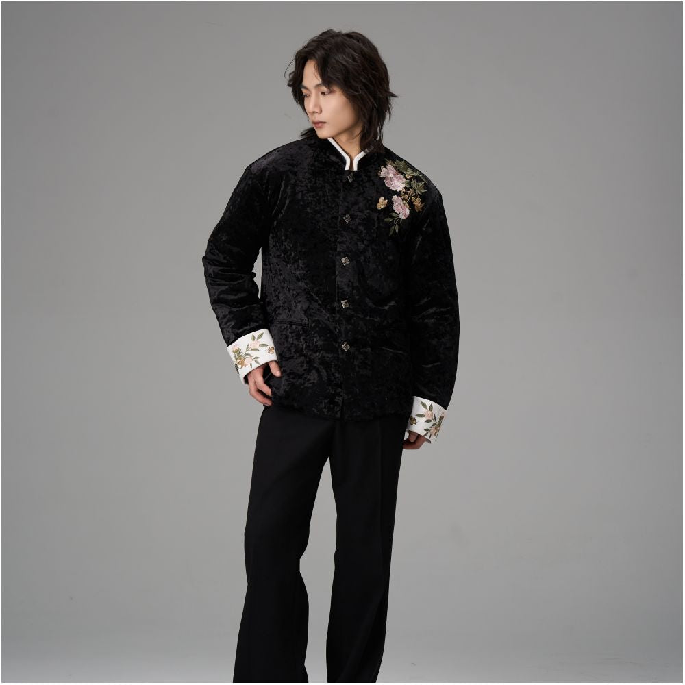 CNEW Chu Nian Er Wen New Chinese Style Peony Floral Embroidery Black Velvet Leather Collar Tang Suit Cotton padded Jacket for Men and Women image 4