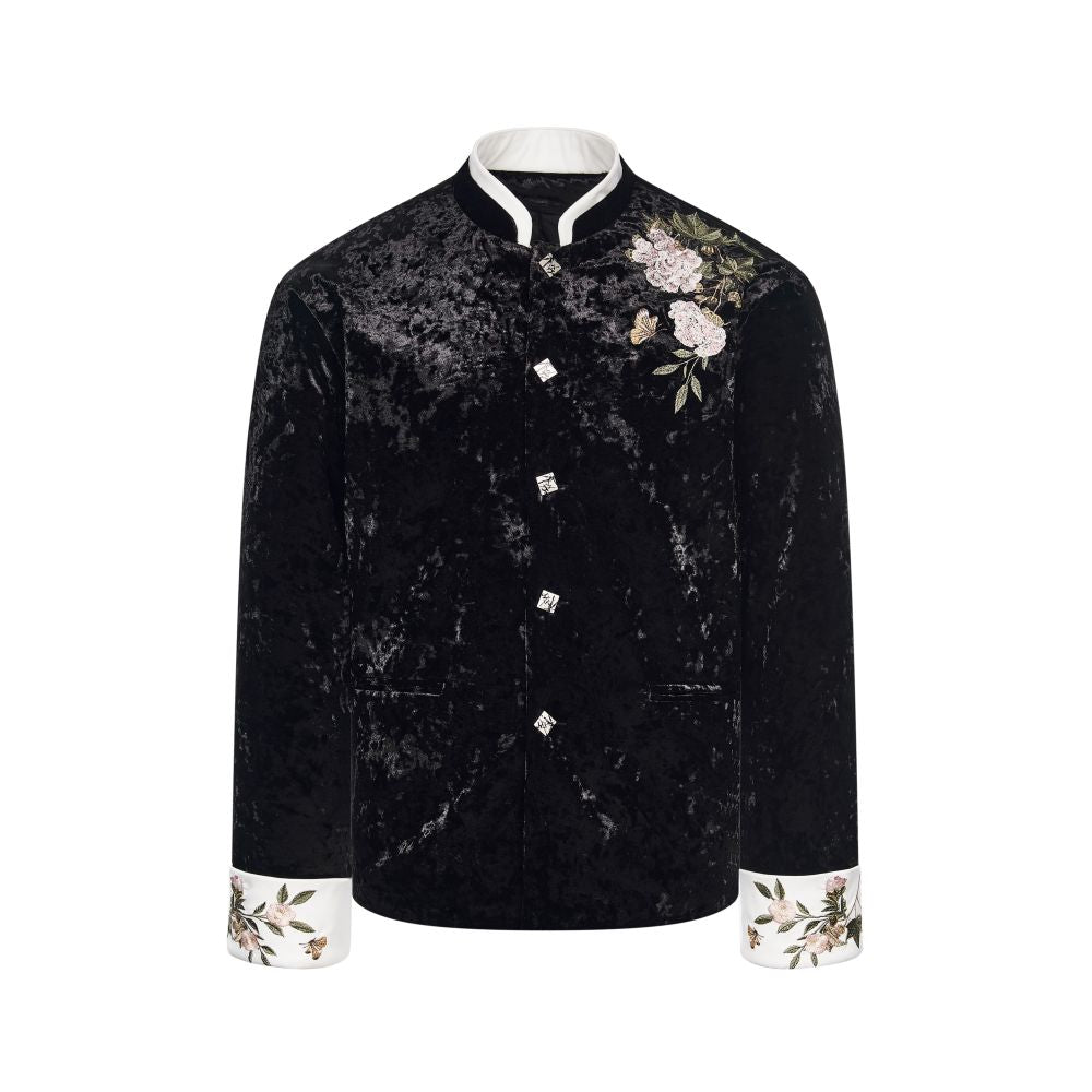 CNEW Chu Nian Er Wen New Chinese Style Peony Floral Embroidery Black Velvet Leather Collar Tang Suit Cotton padded Jacket for Men and Women image 8