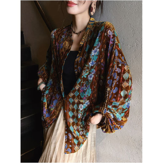 ASAYA5118 – Bohemian Velvet Mosaic Blouse 🎨💫