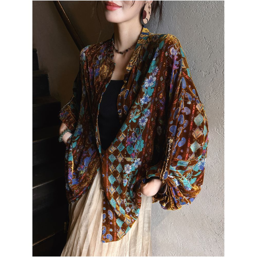 Yang Mi Mid Autumn Festival Same Style Three Lucky Black Flower Window Shadow New Chinese National Velvet Rotten Flower Shirt Women s Coat image 3