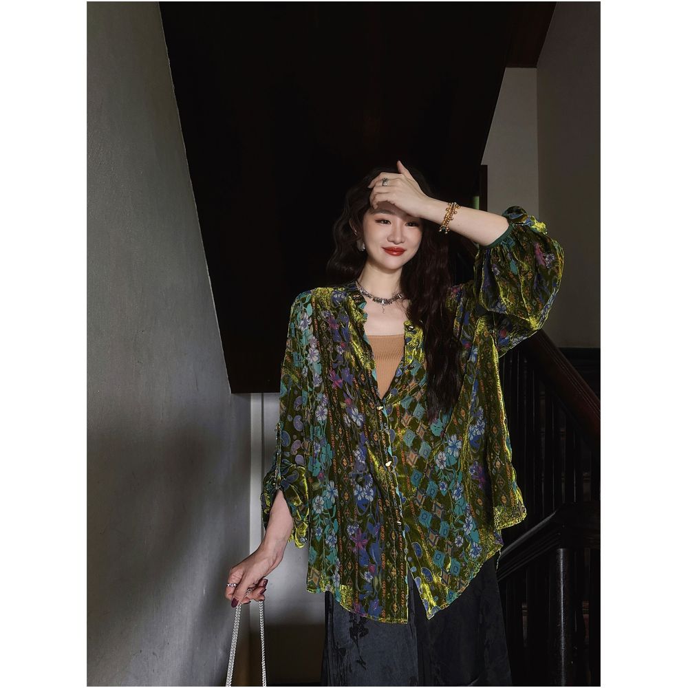 Yang Mi Mid Autumn Festival Same Style Three Lucky Black Flower Window Shadow New Chinese National Velvet Rotten Flower Shirt Women s Coat image 14