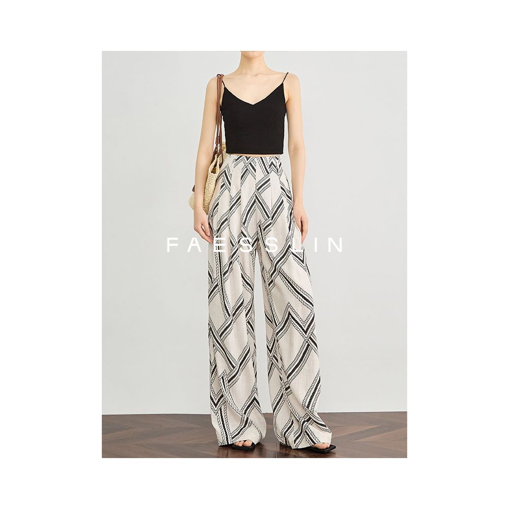 FAESSLIN Tencel Linen Wide Leg Pants for Women Summer Thin Style Relaxed Fit Vacation Style Straight Leg Printed Pants image 4