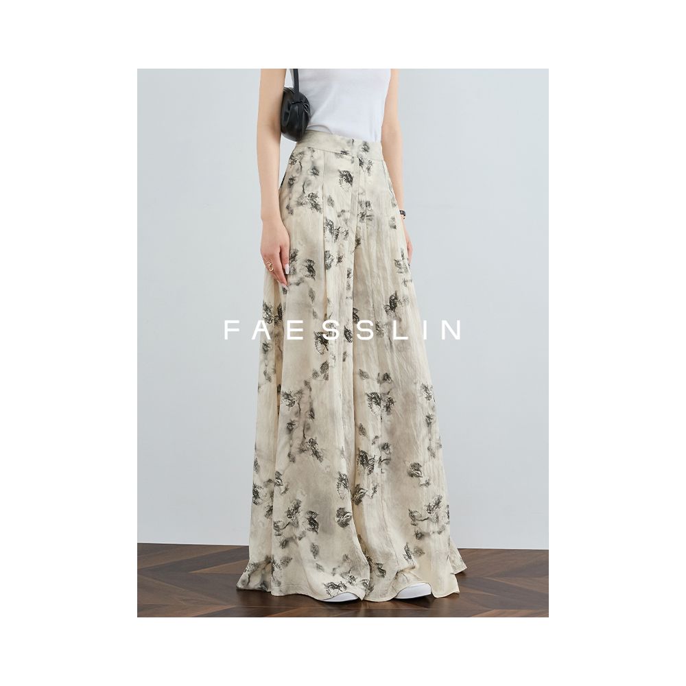 FAESSLIN New Chinese Style Extra Long High Waist Wide Leg Pants Women s Summer Thin Loose Ancient Style Printed Skirt Pants image 0