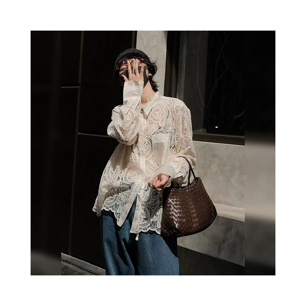 Hollow out design white shirt for women s spring and summer 2025 new style long sleeved lazy style loose heavy industry French lace shirt image 0