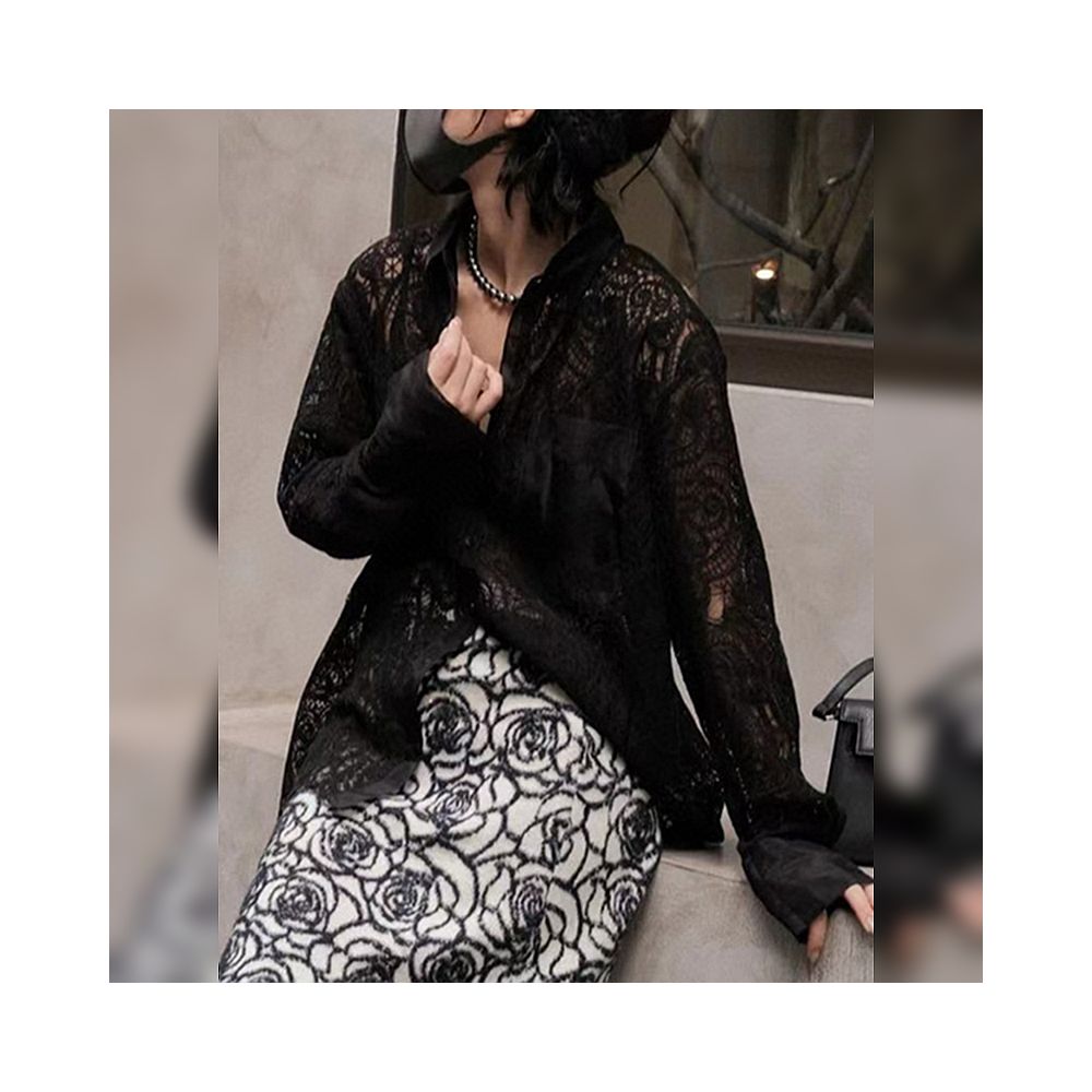 Hollow out design white shirt for women s spring and summer 2025 new style long sleeved lazy style loose heavy industry French lace shirt image 6