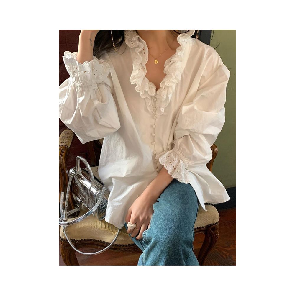 French V neck palace style lotus leaf edge white shirt with a new design sense niche layering unique mid length top image 1