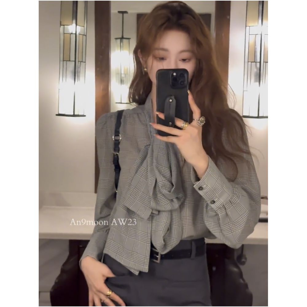High end chic and stylish design checkered shirt collar bow tie strap niche temperament slimming top 2025 image 6