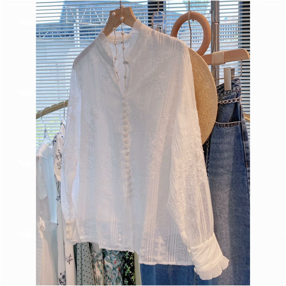 French style white lace shirt new summer 2025 style long sleeved shirt youthful design elegant style for women image 7