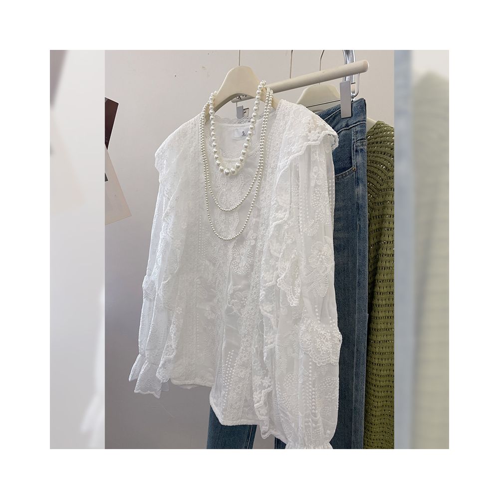 Gentle and elegant lace trimmed long sleeved chiffon blouse for spring French style design unique style image 0