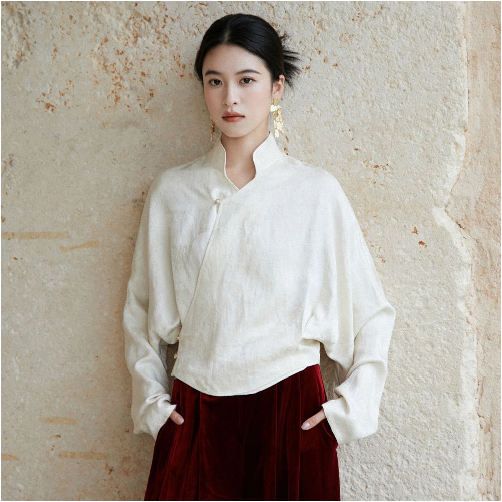 Anytime Lin Jin Rayon Linen Blend New Chinese Style Jacquard Subtle Pattern Small V Neck Elegant Shirt image 1